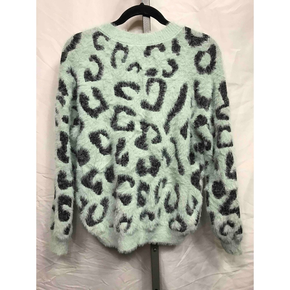 ON BLUE Fuzzy Leopard Print V Neck Twist Front Sweater Mint Green Womens L